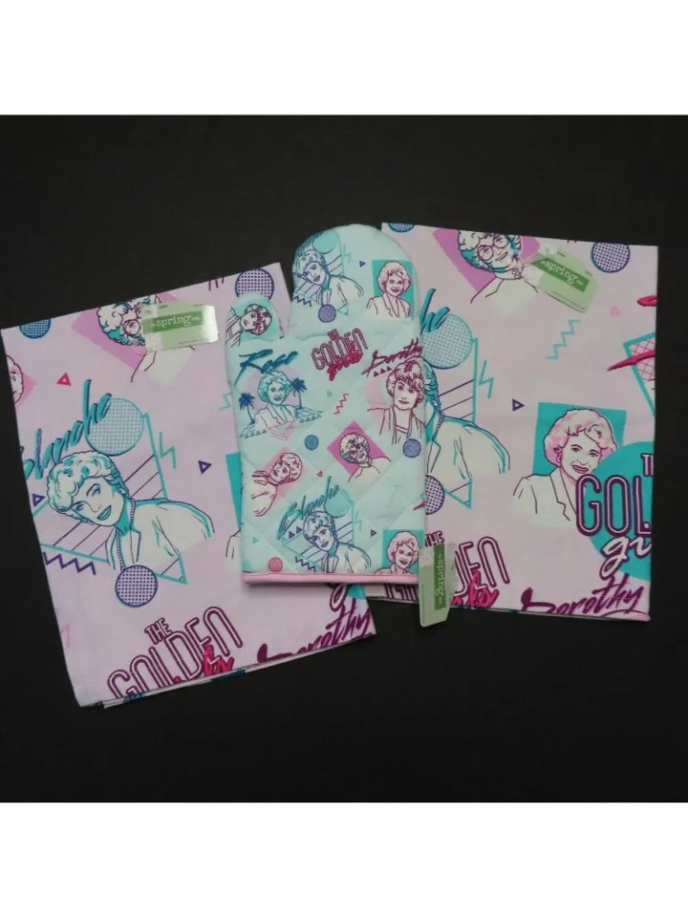Golden Girls Oven Mitt 2 Tea Towels Kitchen Dining Set Cotton Blue Purple NEW